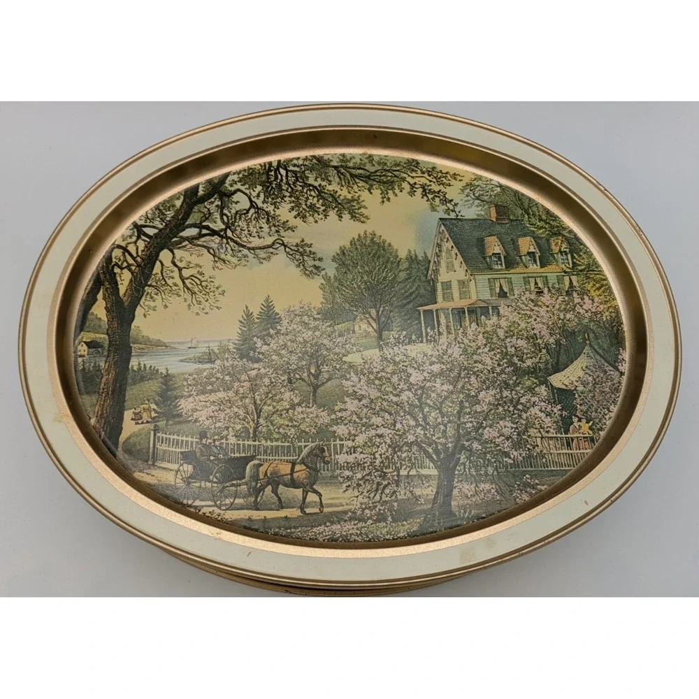 Sunshine Biscuits Tin Both Trays Currier & Ives American Homestead Winter Summer